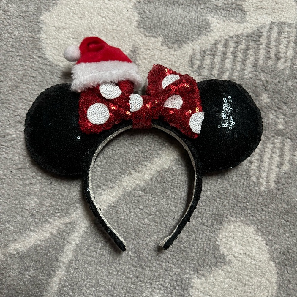 Disney Minnie Mouse Santa Hat Christmas Polka Dot Bow Sequin Ears